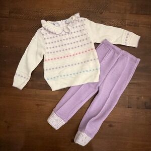 Petit Jouet Baby Girl 18 Months Sweater Pants Set Cream Purple Fair Isle Knit